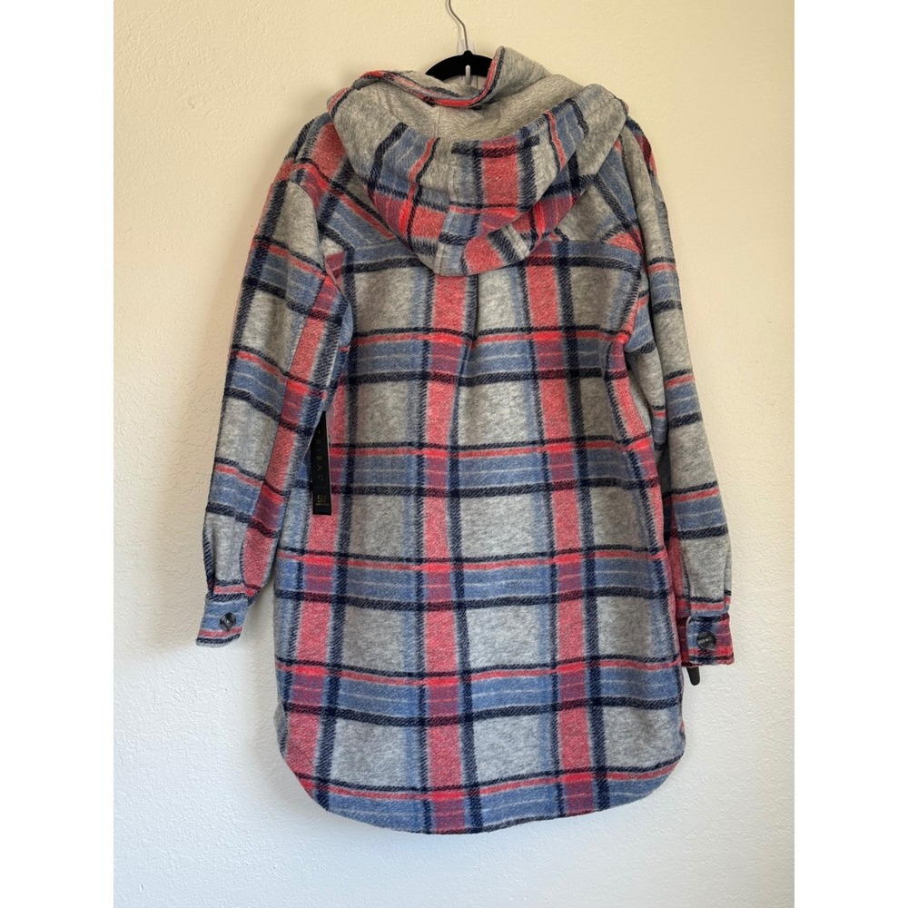 Tribal Plaid Hooded Shacket Jacket Grey Mix Detachable Hood L NWT - Picture 3 of 5